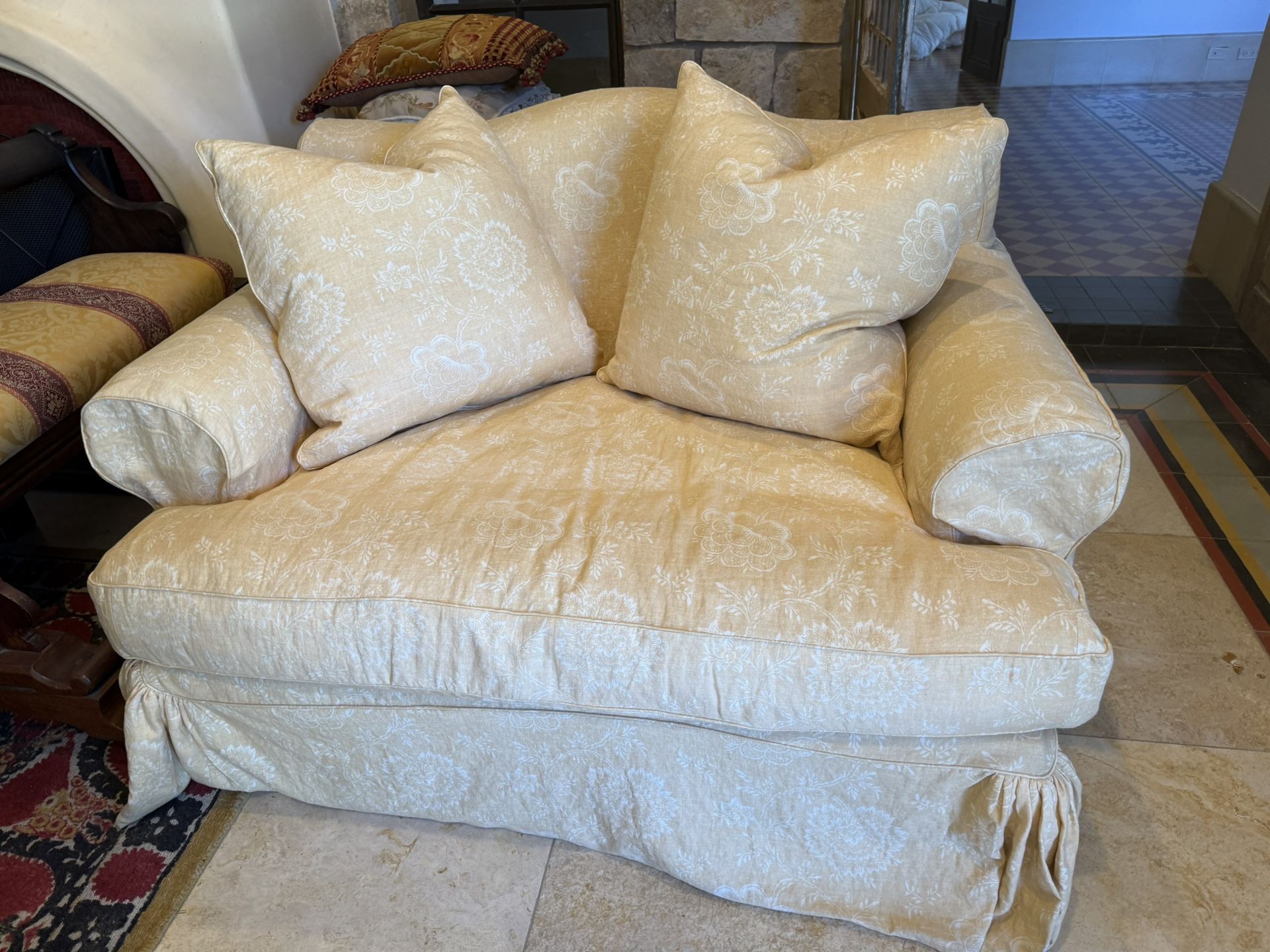 Yellow Linen Slipcovered Loveseat
