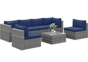 New in Box Assemble Need 7 Pcs Outdoor Patio Furniture Set w/ Glass Table Stools Wicker Rattan