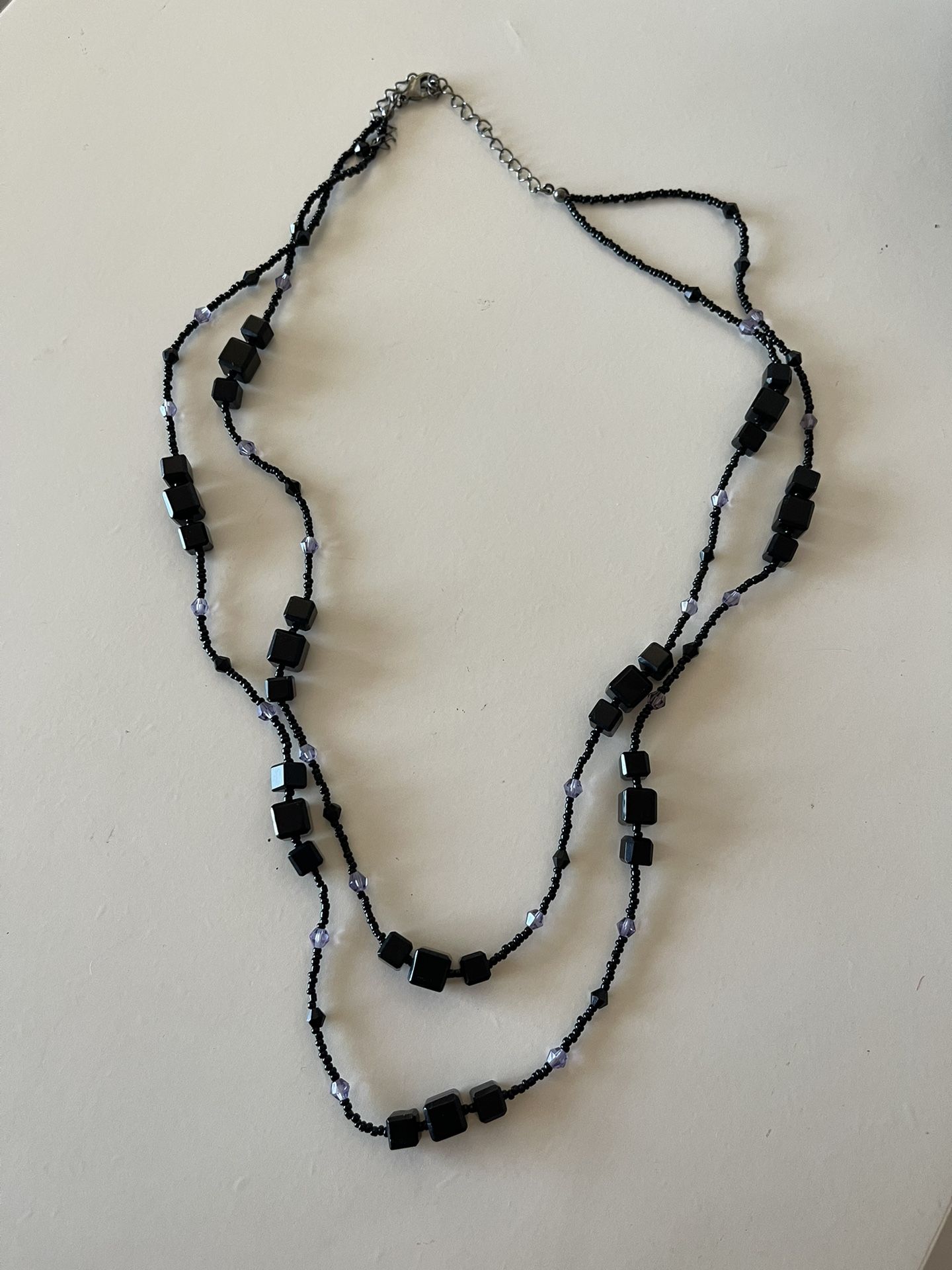 Women’s Black Two Strain Seed Beaded With Block Beads Necklace, Size 12” Flat