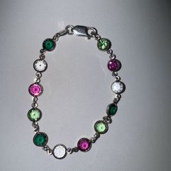 Vintage Milor, Italy Sterling Silver Bracelet Rainbow Glass Chain 7" 
