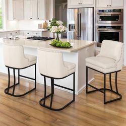 26 in. Ivory Faux Leather Upholstered Counter Height Bar Stool with Metal Cushion Counter Stool Set of 3