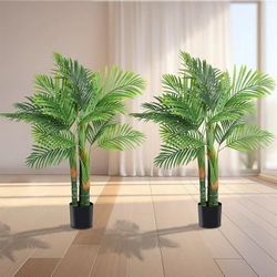 AnTing 4FT Artificial Golden Cane Palm Tree 2Pack 15Leaves Faux Triple Tropical Palm Plants with Pot for Gift Home Office Decor Green