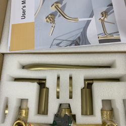 Wall Mount Bathroom Sink Faucet 2 Handle Solid Brass Brushed Gold 