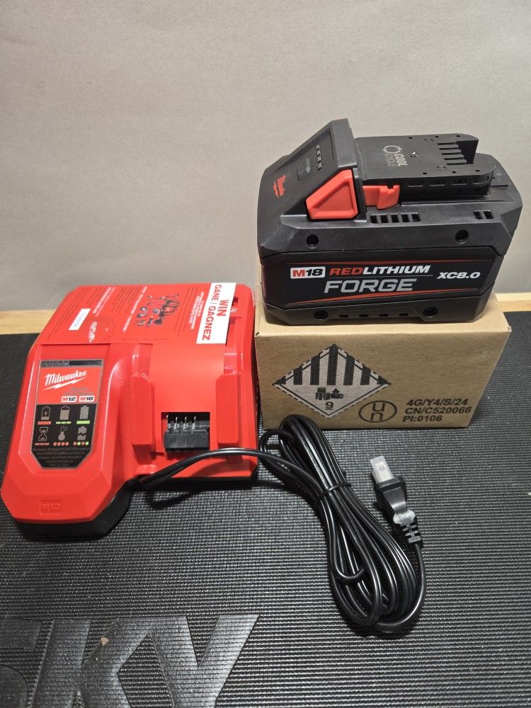 NEW Milwaukee M18 18V FORGE XC 8.0 Ah Battery Pack & Rapid Fast Charger for Hammer Drill, Saw, Impact Wrench Driver Etc.