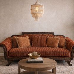 Vintage Victorian Style Settee Sofa – Carved Wood Frame & Striped Damask
