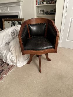 Antique Black Leather Wooden Swivel Chair