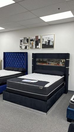 Black & Grey Fireplace Queen Bed W/ Bluetooth speaker & USB charging ports