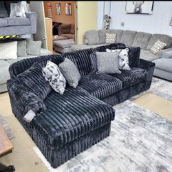 Corduroy Black Fluffy Sectional Couch With Chaise 