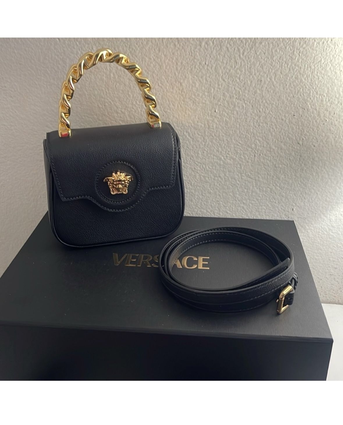 Versace, Gold, leather, black and gold, mini chain, la medusa