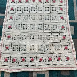 Handmade By Granny Crochet Blanket/ Throw With Distinct Squares & Pink Flowers with beads in center 