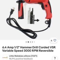 6.4 Amp 1/2" Hammer Drill Corded VSR Variable Speed 3000 RPM Reversible