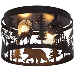 Rustic Farmhouse Flush Mount Ceiling Light with Deer & Bear Design, 2-Light E26 Round Metal Fixture for Kitchen, Bedroom, Foyer, Entryway, and Lodge (