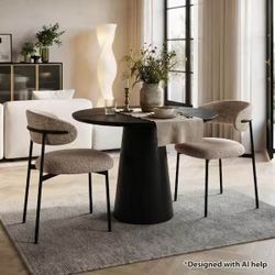 Set of 4 Oatmeal Beige Greige Upholstered Side Chairs, Modern Curved Back Dining Chairs