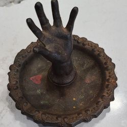 Vintage 1900's Wilton Cast Iron Figural Hand Jewelry Ring Holder Trinket Dish Floral