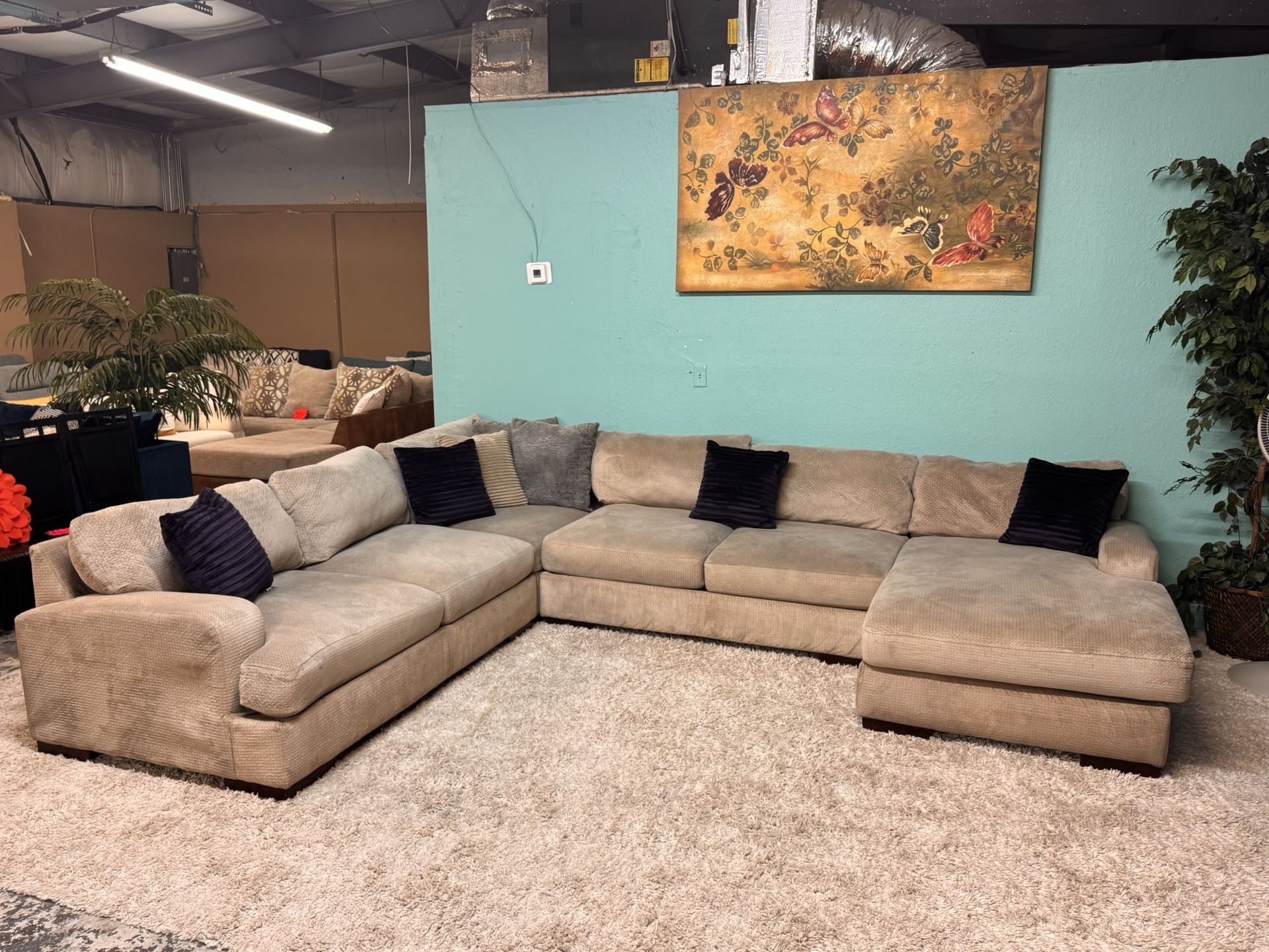 Huge Ashley Furniture 4 Piece Sectional Couch Living Room Set (Blue Pillows Not Included)