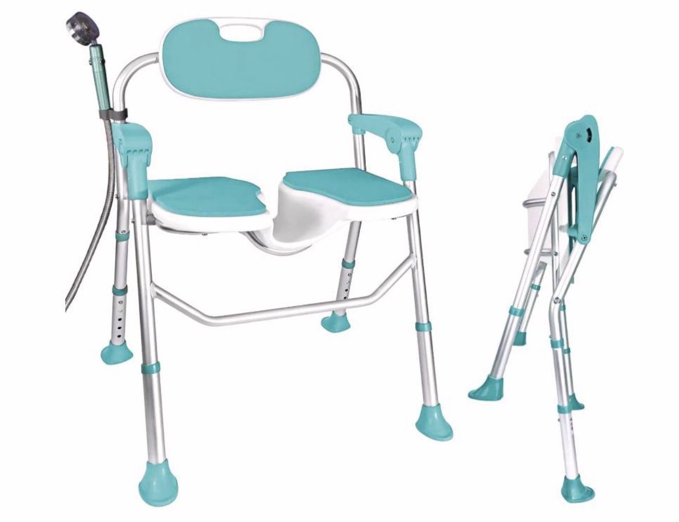 Folding Shower Chair with Arms and Back, Adjustable Height, Non-Slip Feet, Blue