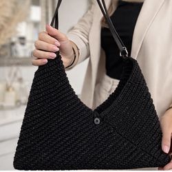 Handmade Crochet Black Everyday Shoulder Bag 