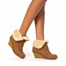 Bamboo Fairygrunge Faux Fur Trim Lace Up Wedge Ankle Boots Brown Size 8