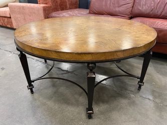 Round Burl Wood Marquetry Top Coffee Table with 6 Pointed Metal Base