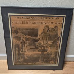 Antique Arizona Republican 1924 Newspaper Page Framed 25x22" Native American