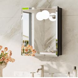 TokeShimi 14 x 18 Recessed Medicine Cabinet for Bathroom, Assembly Required, Black Medicine Cabinet with Mirror, Tempered Beveled Mirror, Step=Z12-701