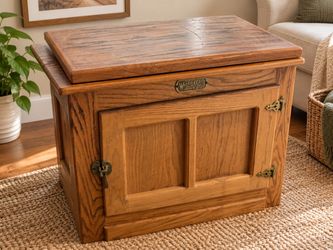Vintage White Clad Oak Cabinet – 360° Swivel Top – Brass Hardware
