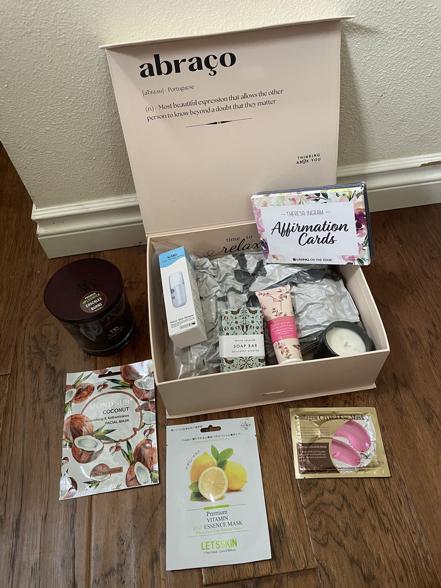 New beauty box: cream, face mask, mist sprayer, soap, candles, pillow, affirmation cards