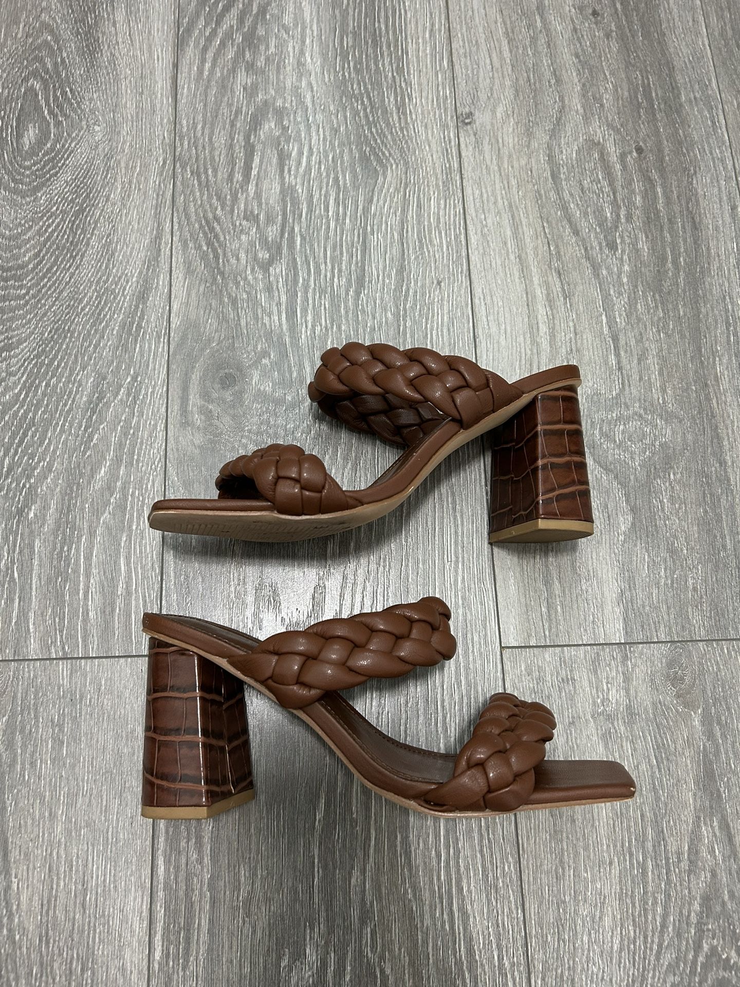 Women's Braided Heeled Sandals Backless Square Open Toe Block Heels Size 8 1/2