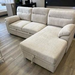 Chenille Fabric Sleeper Sectional Sofa With Cup Holders and USB with right facing Chaise