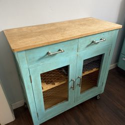Farmhouse Rolling Kitchen Island / Coffee Bar Cabinet – Butcher Block Top – Turquoise Distressed”