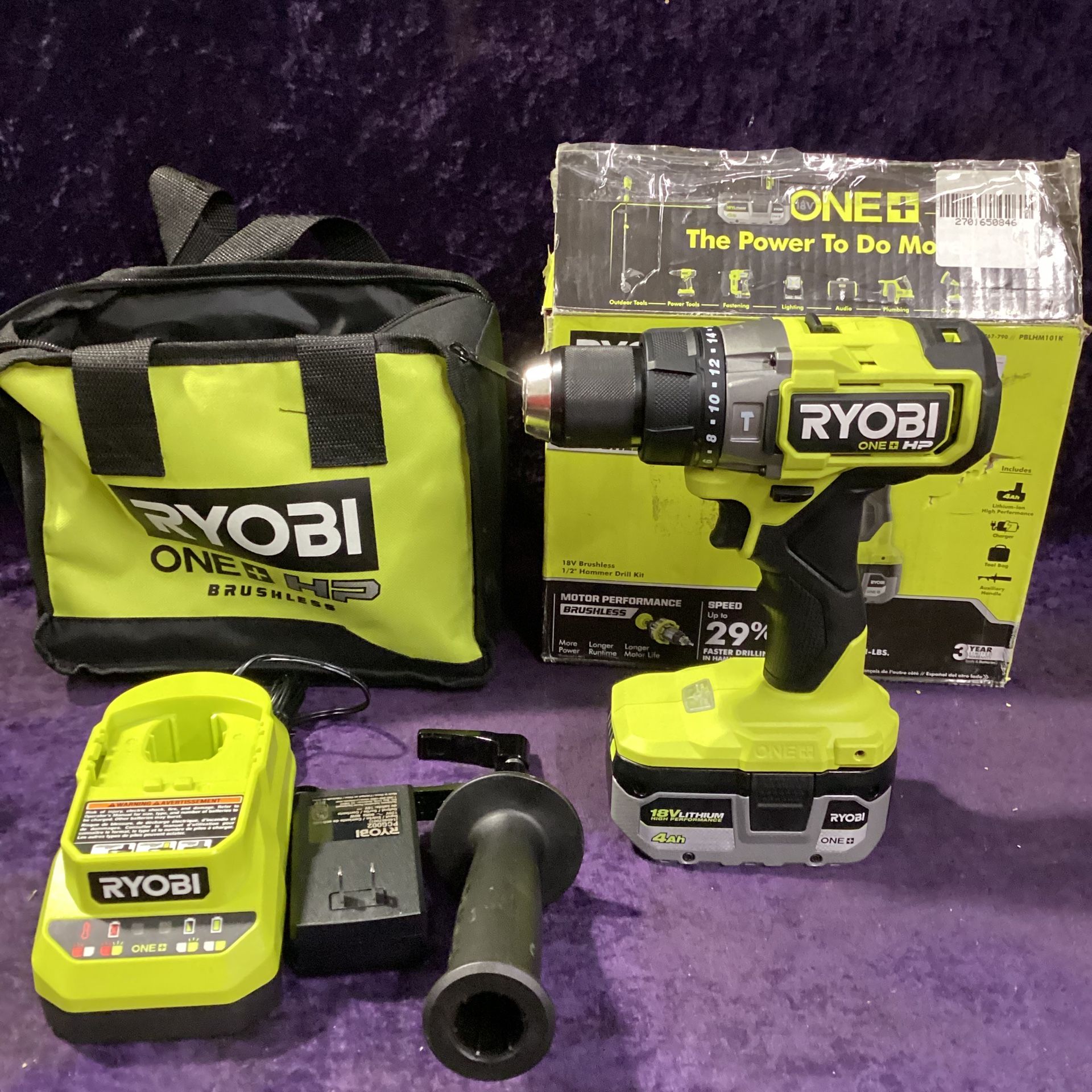 🧰🛠RYOBI ONE+ HP 18V Brushless 1/2” Hammer Drill Kit w/4.0Ah HIGH PERF. Batt,Charger, & Bag-NEW!-$110!🧰🛠