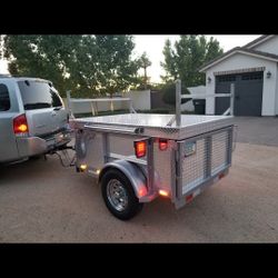 Custom Camping Trailer For Camping Gear With Kayak Rack And Removable Top . With Night Time Led Flood Light Stand For Night Set Up .