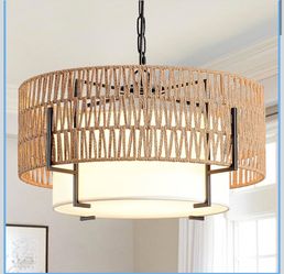 Boho Rattan Chandelier, 19.7" Rattan Pendant Light with Fabric Shade, 4-Light Farmhouse Ceiling Light Fixture Chandelier for Dining Room, Living Room,