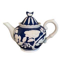 Cracker Barrel Vintage Blue & White Embossed Floral Stoneware Teapot With Lid