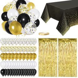 Black and Gold Balloons Party Decorations Supplies Birthday Decorations Include 60pcs Balloons, 2 Foil Fringe Curtains, 1 Foil Ribbon, 1 Tablecloth fo