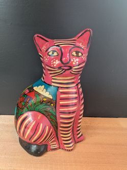 Vintage Pink Mexican Folk Art Pottery Hand Painted Cat