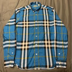 Men's Burberry Brit Blue Plaid Check Long Sleeve Button Up Shirt - Size Medium