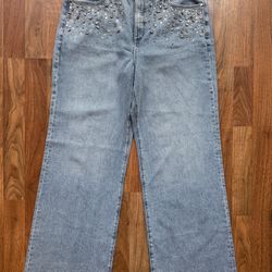 LOFT Wide Leg High Rise Curvy Light Wash Jeans Sz 31 / 12 Rhinestone Embellished