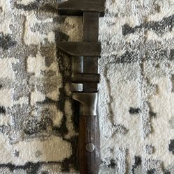 L&S Co Wood Handle Cast Metal Pipe Monkey Wrench Antique Tool