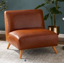 Brown Leather Accent Chair with Wood Legs
