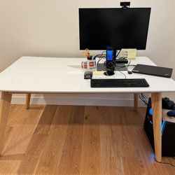 Mid Century Modern White & Oak Wood Desk/Table – 59" W X 35.5" D X 29." H