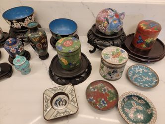 Large Lot Of Asian Chinese Cloisonne and Ceramic Pieces With Wood Bases