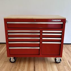 Husky 42 Inch 10-Drawer Workbench Red Cabinet With Solid Wood Top