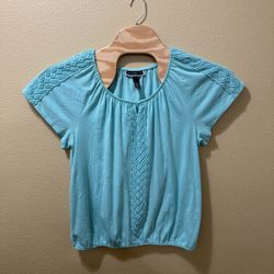 Women’s Large Karen Scott Cyan Bright Blue Lace Short Sleeve Shirt