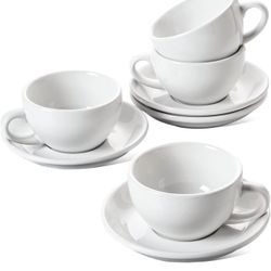 LE TAUCI 8 oz Cappuccino Cups with Saucers,Ceramic Large Coffee Cup for Au Lait, Double shot, Latte, Cafe Mocha, Tea - Set of 4, White