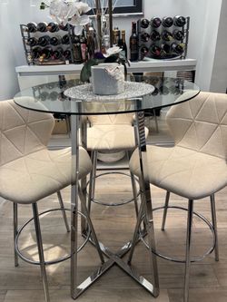 Round Glass Bar Table with 3  fabric Stools