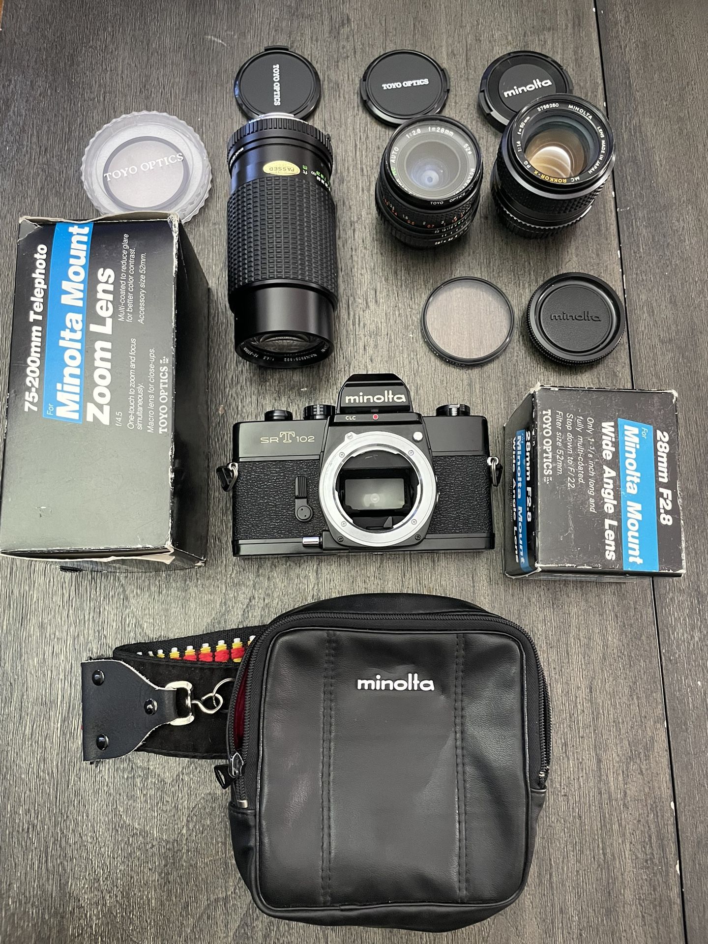 Minolta SRT-102 Manual Focus 35mm Film SLR camera #(contact info removed) Bundle (untested)