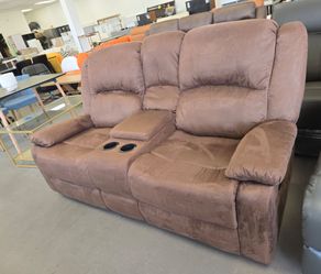 Brown Fabric Recliner Loveseat with Console