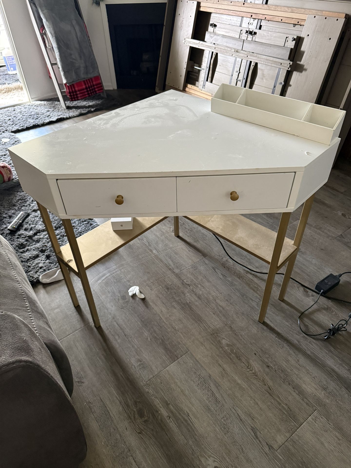 Vanity Desk, White With Gold Knobs, And Legs