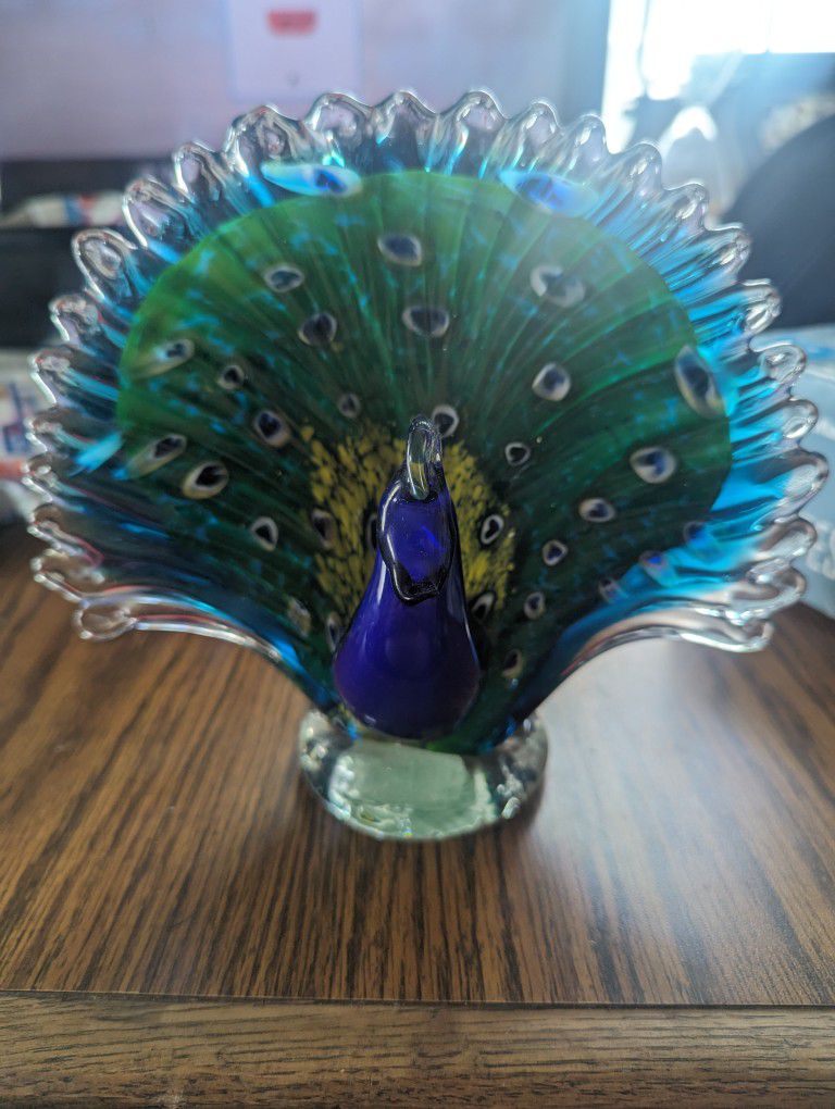 Hand Blown Glass Peacock Figure 